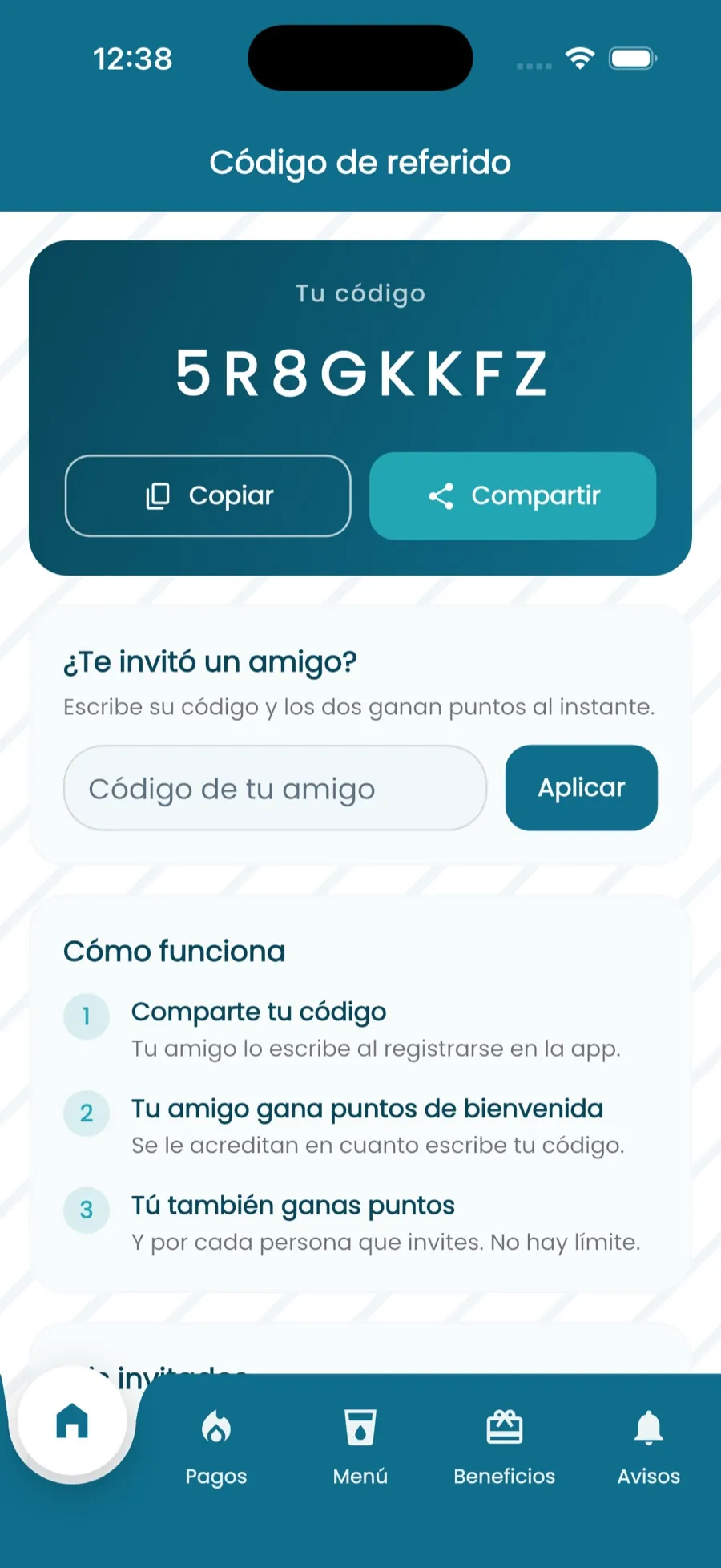 Código personal de referido en la aplicación